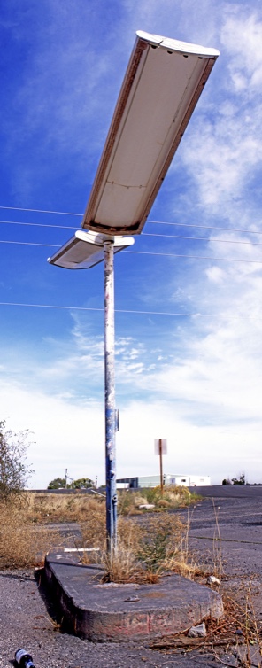 Gas station winged lights, abandoned gas station in Othello WA, Othello WA, Othell Wash., Fuji Provia 100F film, Mamiya 645 Pro, Jeff King Photography